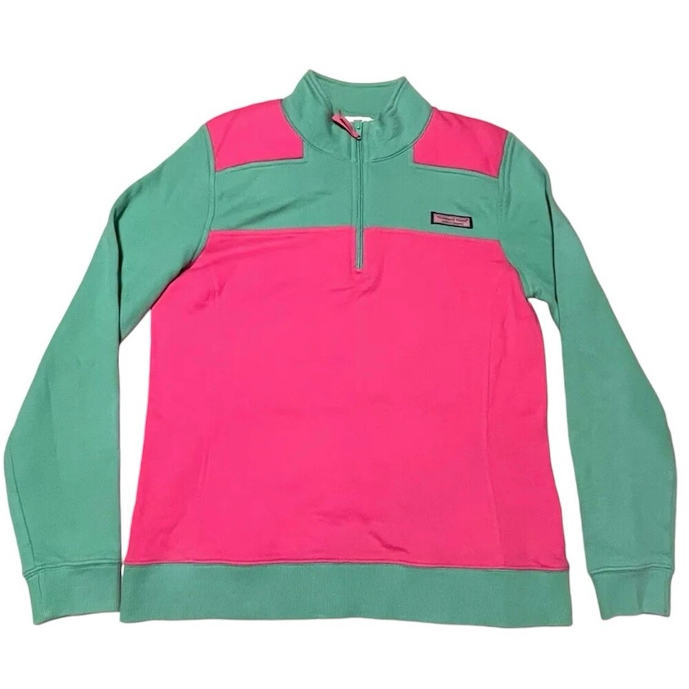 Vineyard Vines Womens Supershep Pink Green Quarter Zip Crewneck Sweatshirt Prep